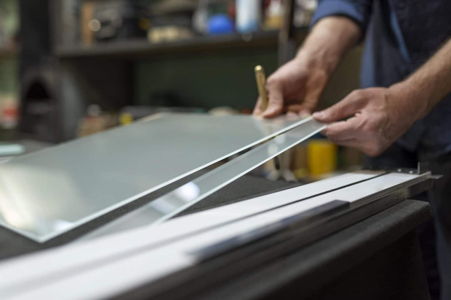 Carpintero ajustando un perfil de aluminio en el taller